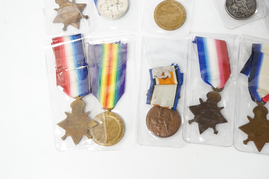 A collection of eighteen First World War medals including; eight British War Medals, five Victory Medals, four 1914-15 Stars, and one 1914 Star with clasp for 5th Aug - 22nd Nov. 1914, all named. Condition - poor to good